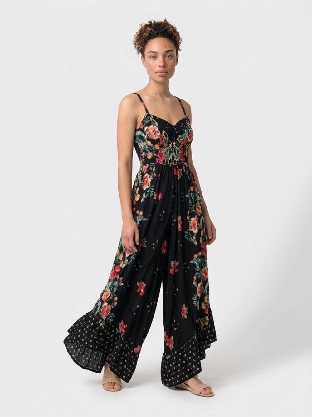 Angie Black Floral Wide-Leg Spaghetti-Strap Jumpsuit
